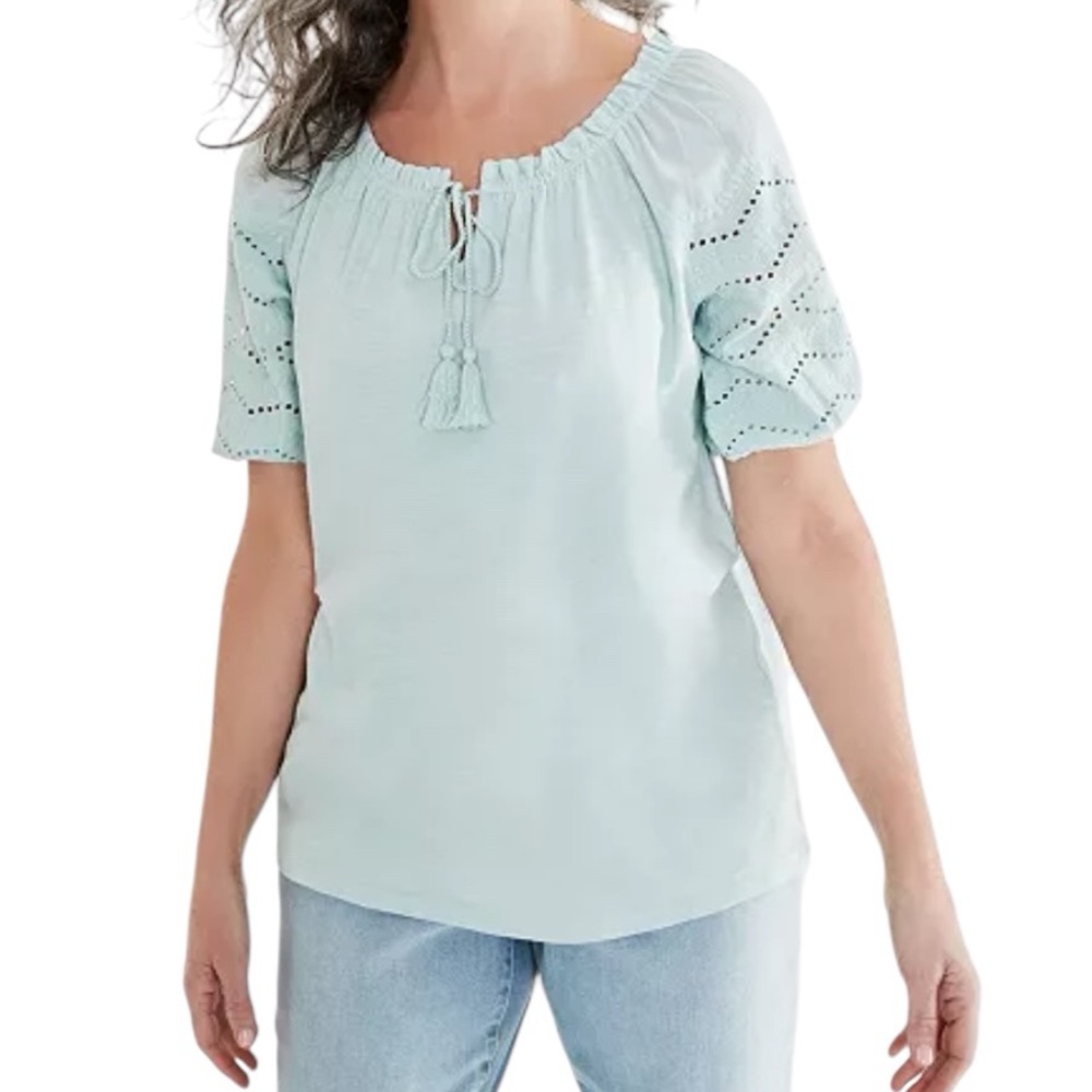100% Cotton Aqua Mint Green Eyelet Embroidered Sleeve Peasant Blouse Size Small